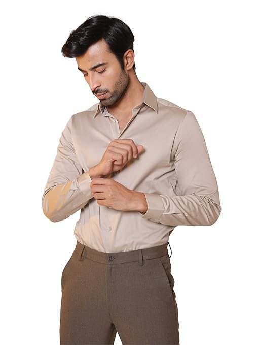 SUBTRACT Men's Slim Fit Solid Spread Collar Cotton Satin Evening Shirt |